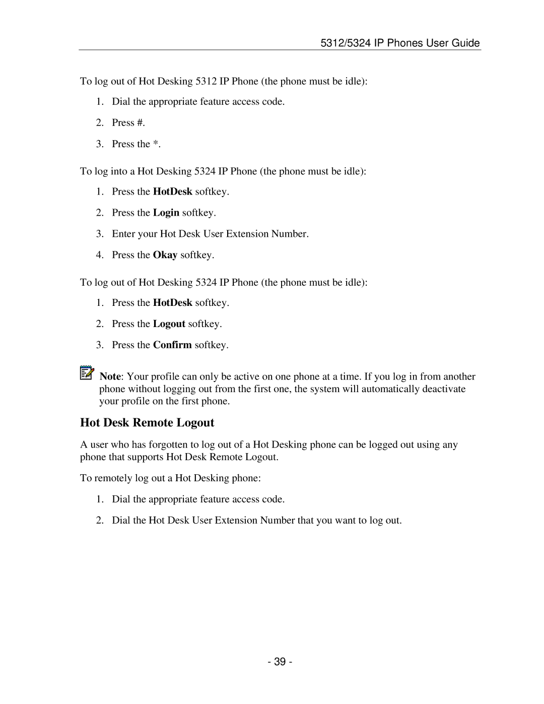 Mitel 5312 IP manual Hot Desk Remote Logout 