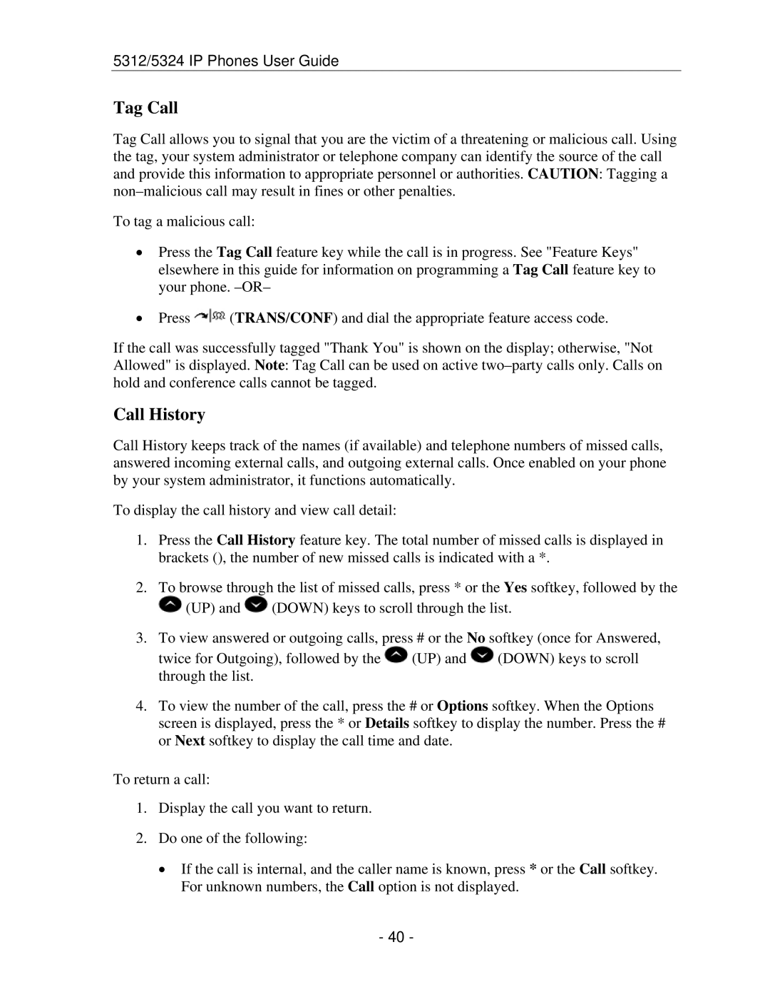 Mitel 5312 IP manual Tag Call, Call History 