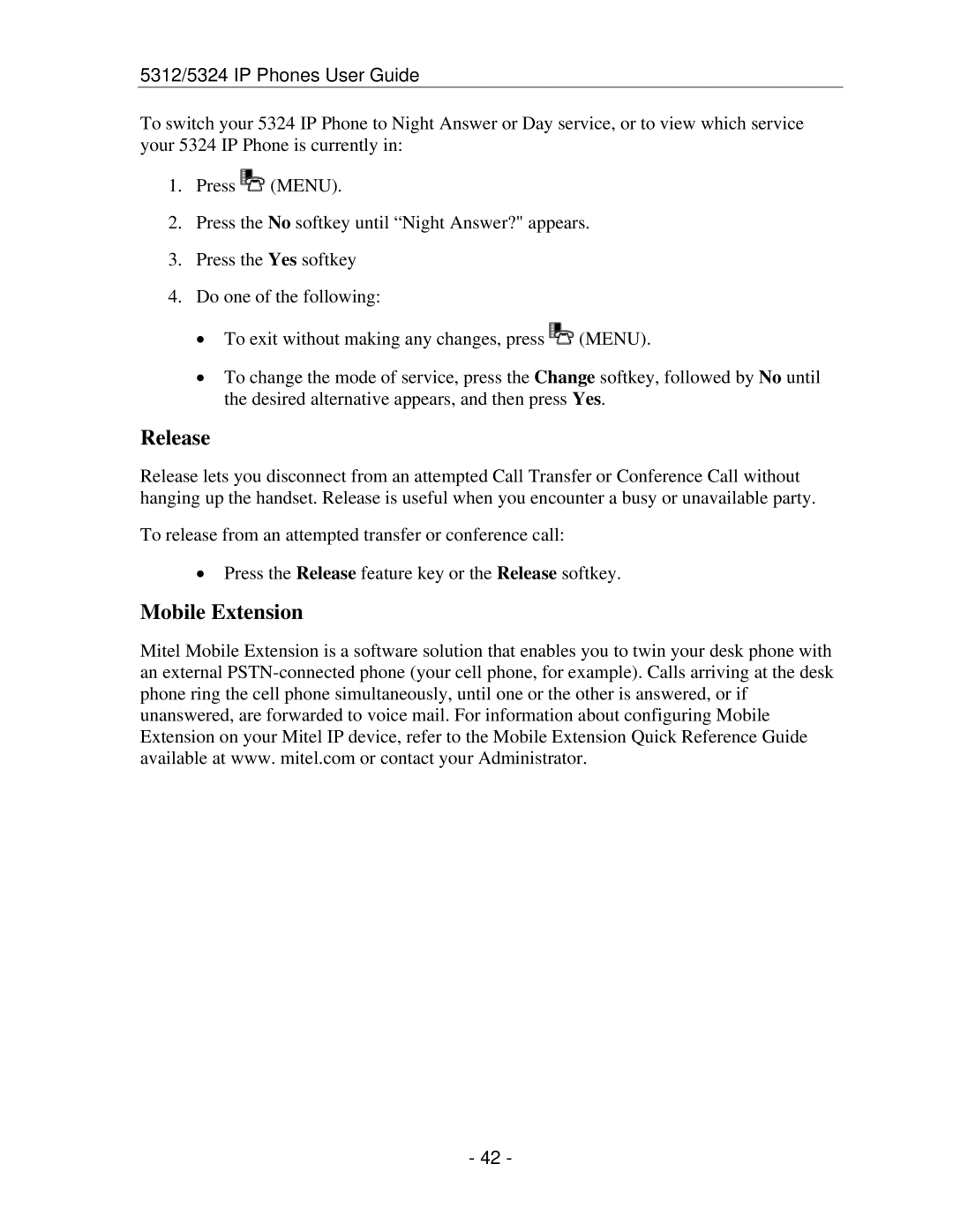 Mitel 5312 IP manual Release, Mobile Extension 
