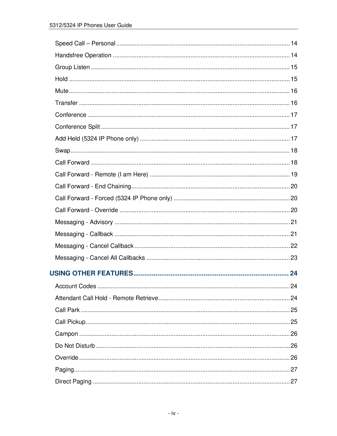 Mitel 5312 manual do utilizador Using Other Features 