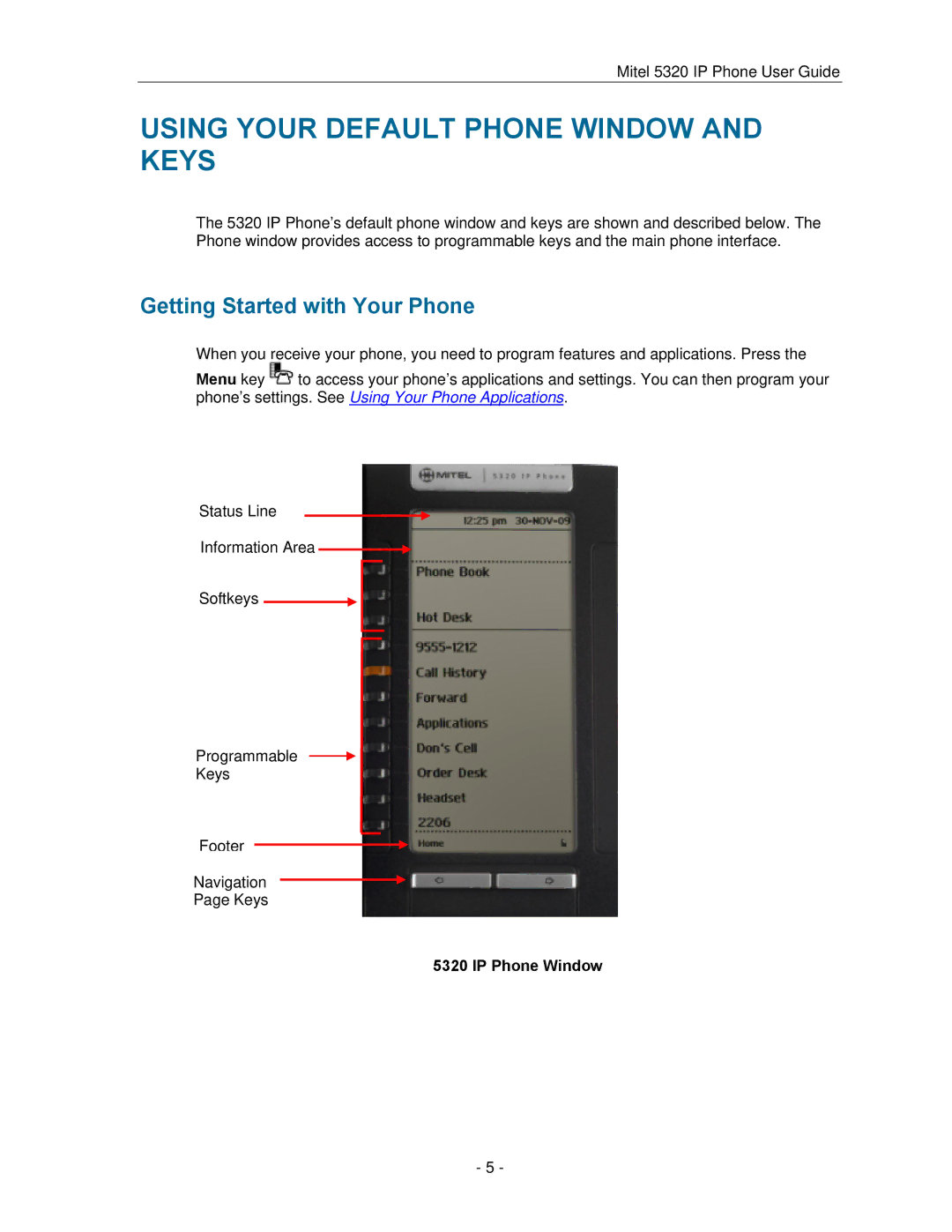 Mitel 5320 manual Using Your Default Phone Window and Keys, Getting Started with Your Phone, IP Phone Window 