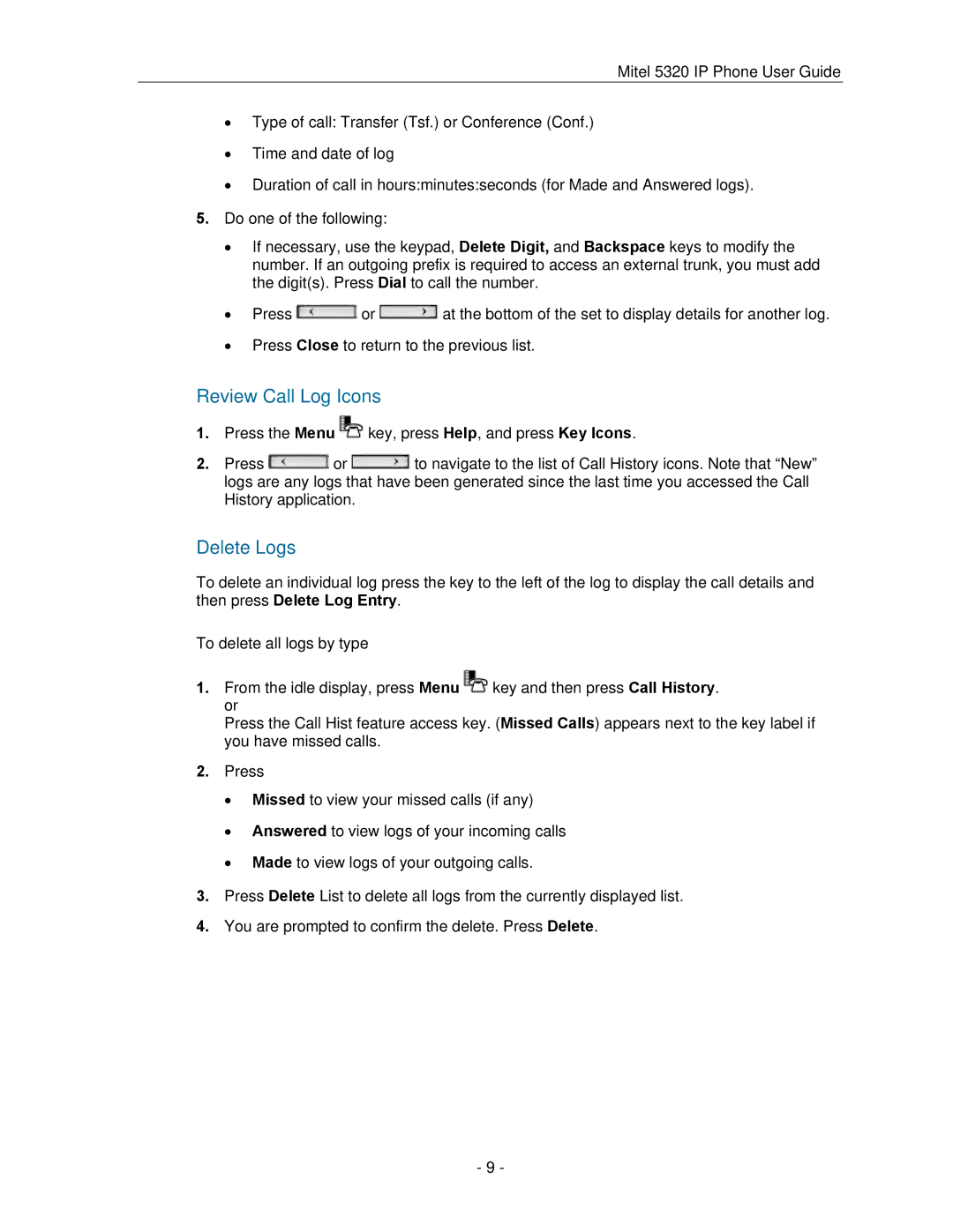 Mitel 5320 manual Review Call Log Icons 