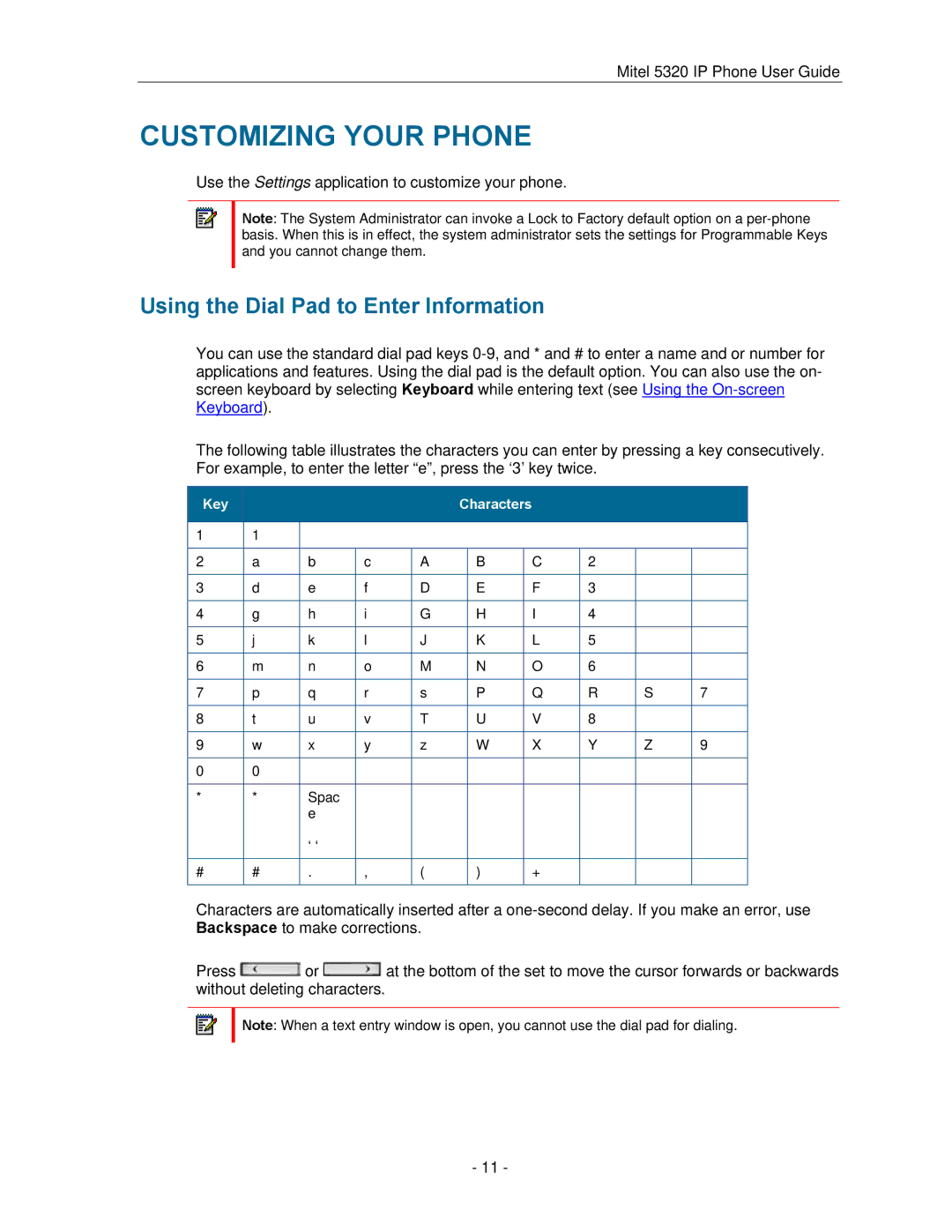 Mitel 5320 manual Customizing Your Phone, Using the Dial Pad to Enter Information 