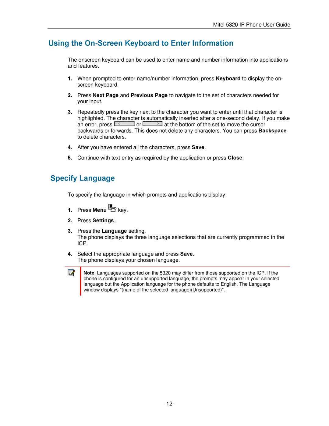 Mitel 5320 manual Using the On-Screen Keyboard to Enter Information, Specify Language, Press Settings 