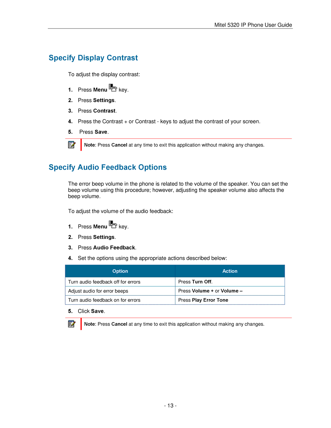 Mitel 5320 manual Specify Display Contrast, Specify Audio Feedback Options, Press Settings Press Contrast 