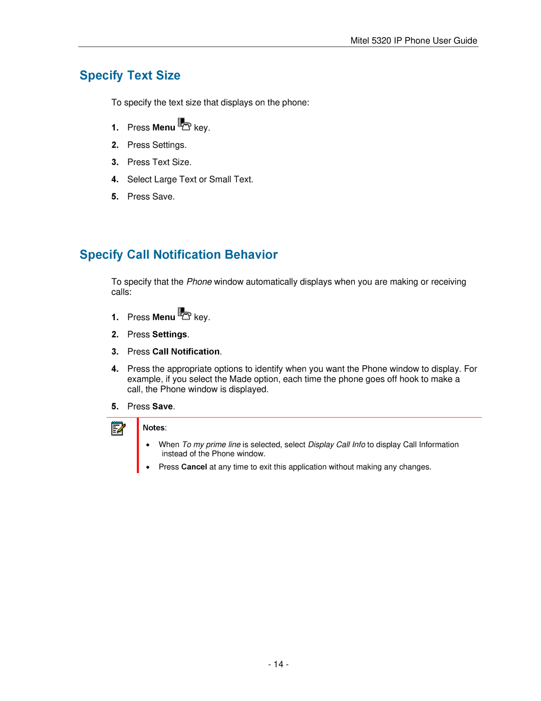 Mitel 5320 manual Specify Text Size, Specify Call Notification Behavior, Press Settings Press Call Notification 