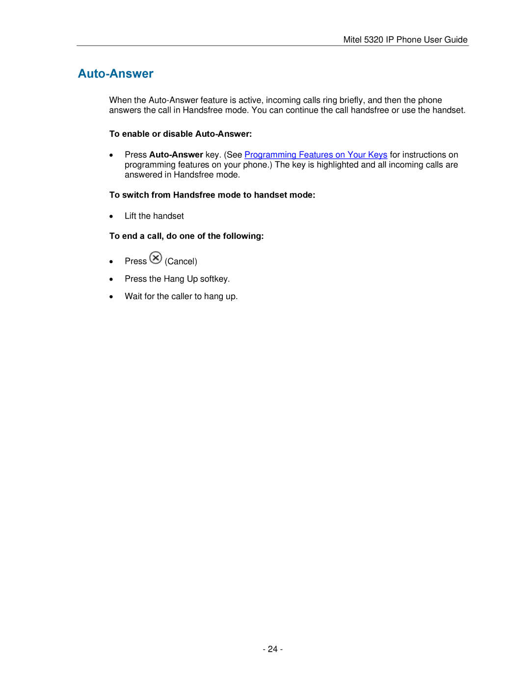 Mitel 5320 manual To enable or disable Auto-Answer, To switch from Handsfree mode to handset mode 
