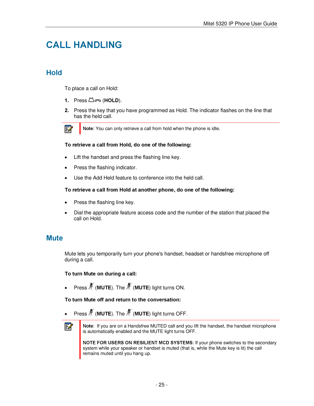 Mitel 5320 manual Call Handling, Hold, Mute 
