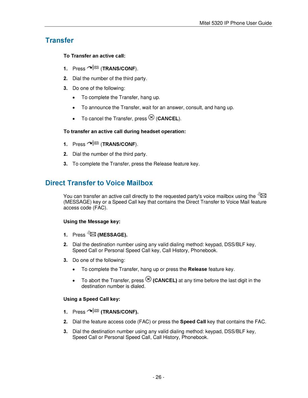 Mitel 5320 manual Direct Transfer to Voice Mailbox 