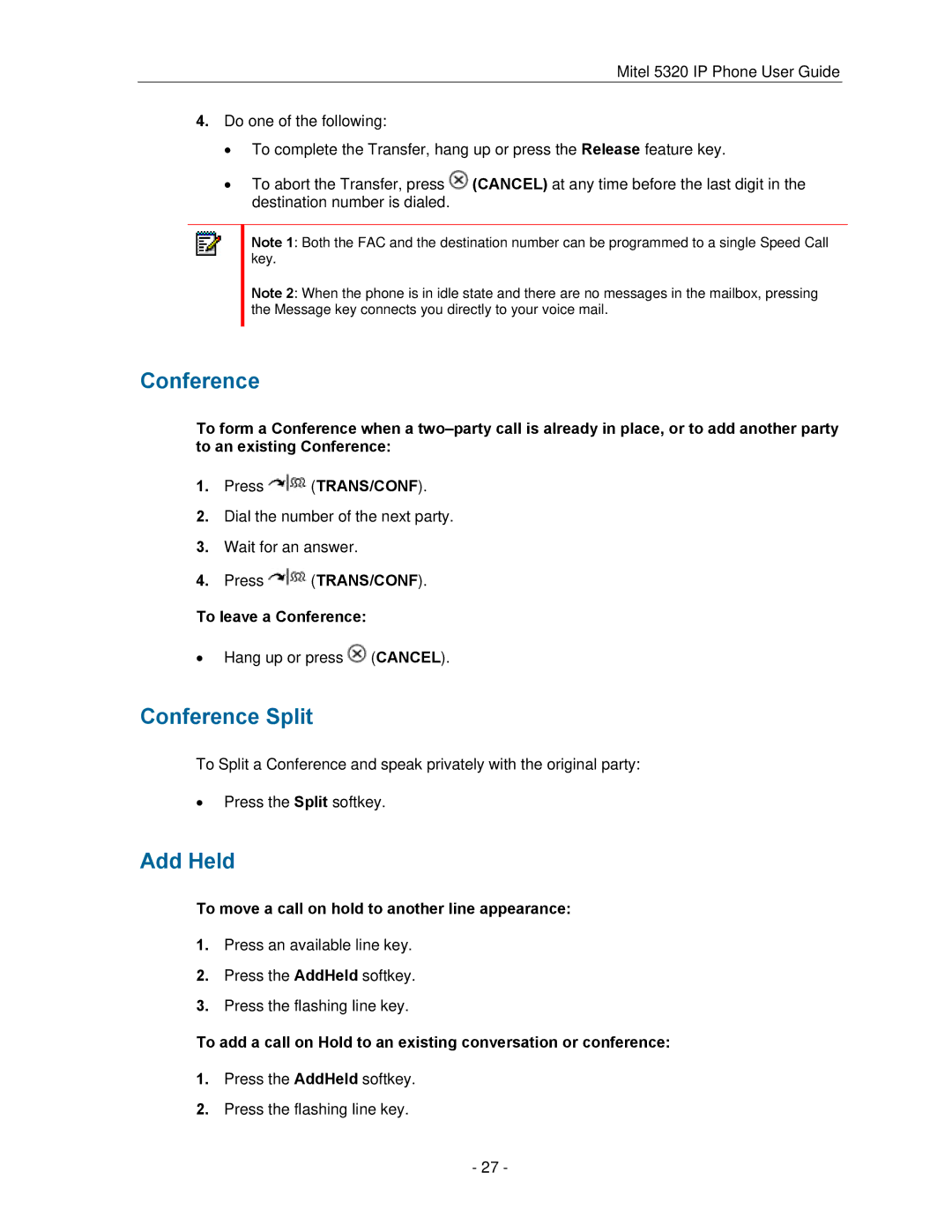 Mitel 5320 manual Conference Split, Add Held, To leave a Conference, To move a call on hold to another line appearance 