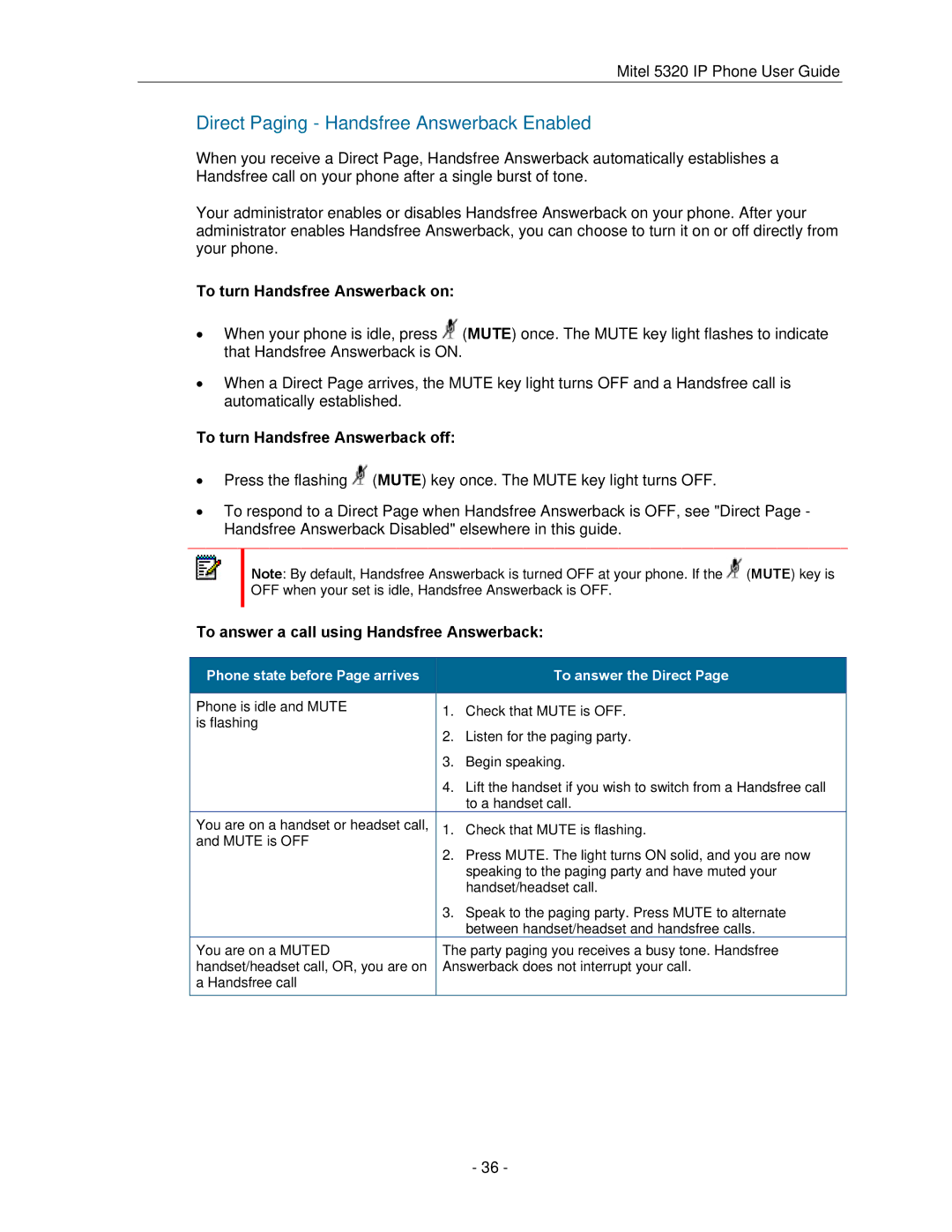 Mitel 5320 To turn Handsfree Answerback on, To turn Handsfree Answerback off, To answer a call using Handsfree Answerback 