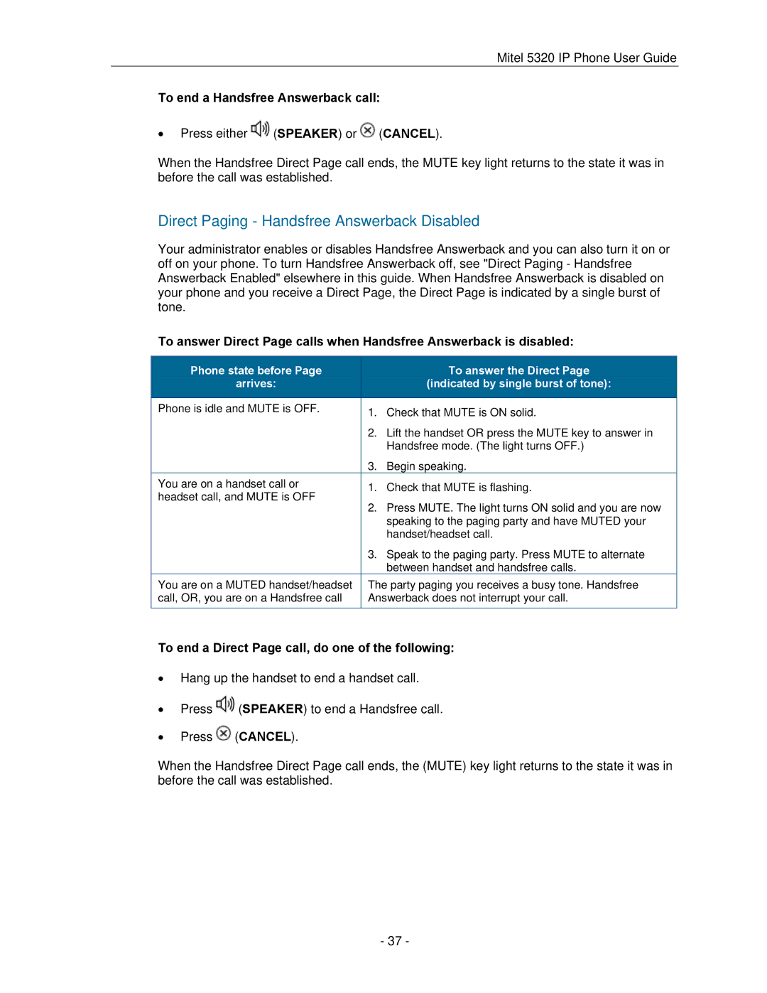 Mitel 5320 manual To end a Handsfree Answerback call, To end a Direct Page call, do one of the following 