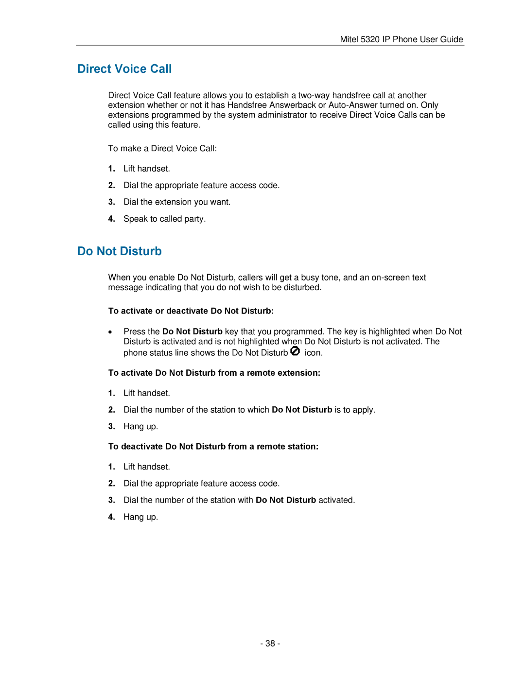 Mitel 5320 manual Direct Voice Call, To activate or deactivate Do Not Disturb 