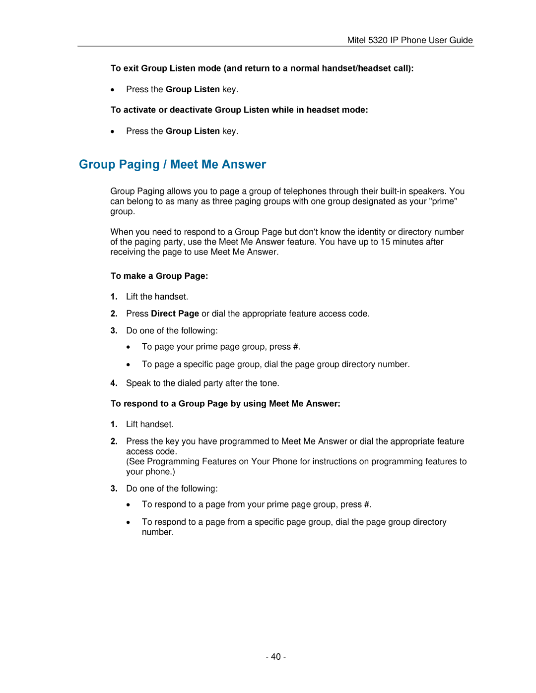 Mitel 5320 manual Group Paging / Meet Me Answer, To make a Group, To respond to a Group Page by using Meet Me Answer 