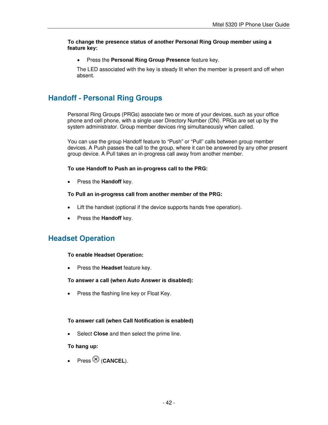 Mitel 5320 manual Handoff Personal Ring Groups, Headset Operation 