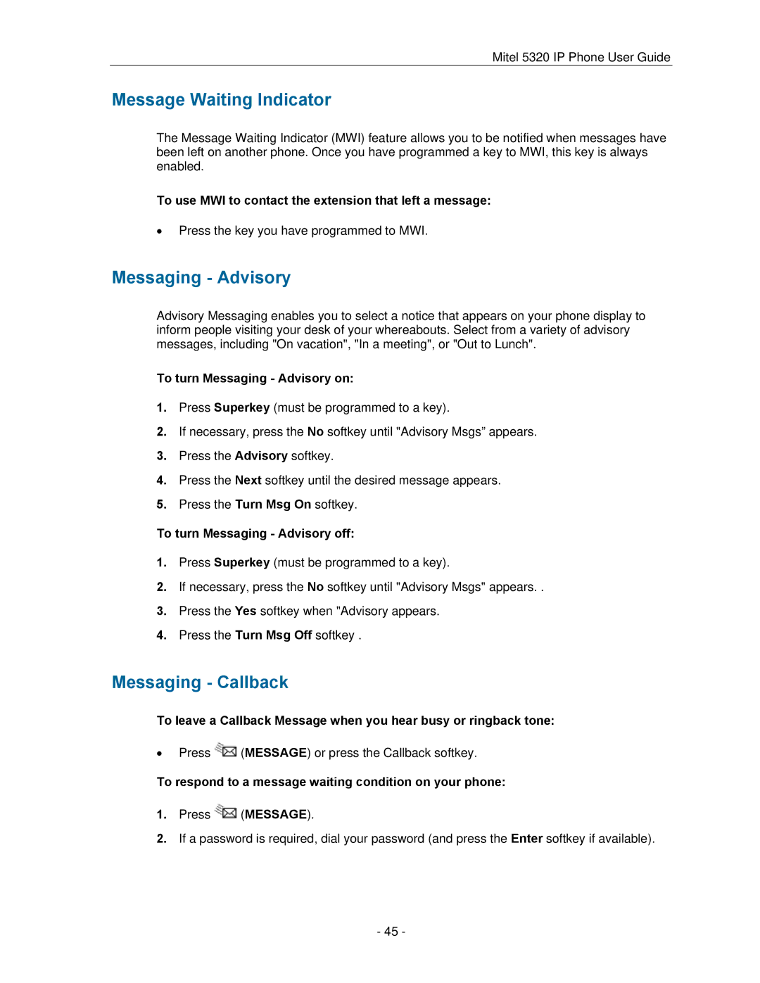 Mitel 5320 manual Message Waiting Indicator, Messaging Advisory, Messaging Callback 