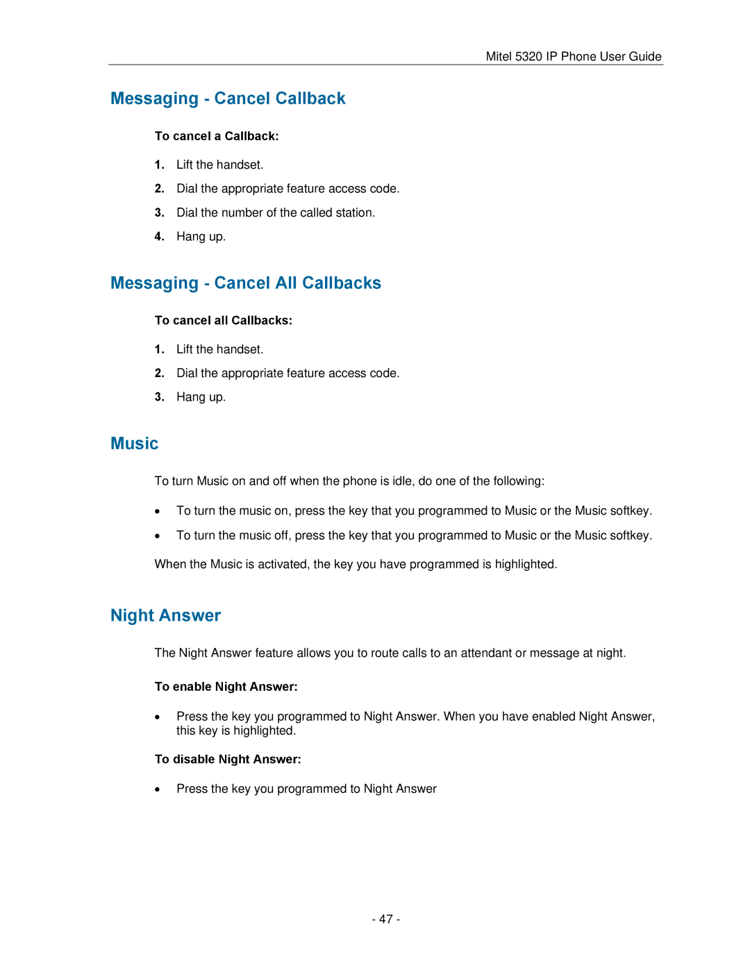 Mitel 5320 manual Messaging Cancel Callback, Messaging Cancel All Callbacks, Music, Night Answer 