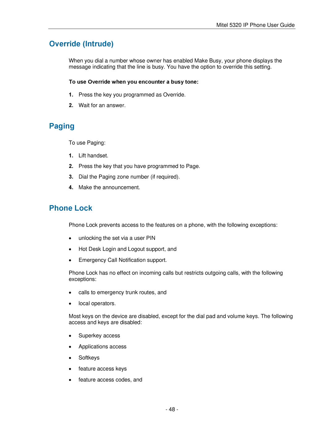 Mitel 5320 manual Override Intrude, Paging, Phone Lock, To use Override when you encounter a busy tone 