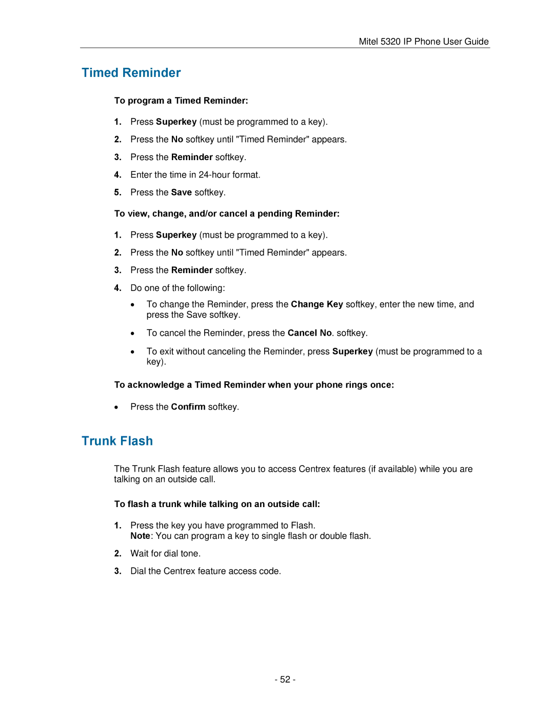 Mitel 5320 manual Timed Reminder, Trunk Flash 
