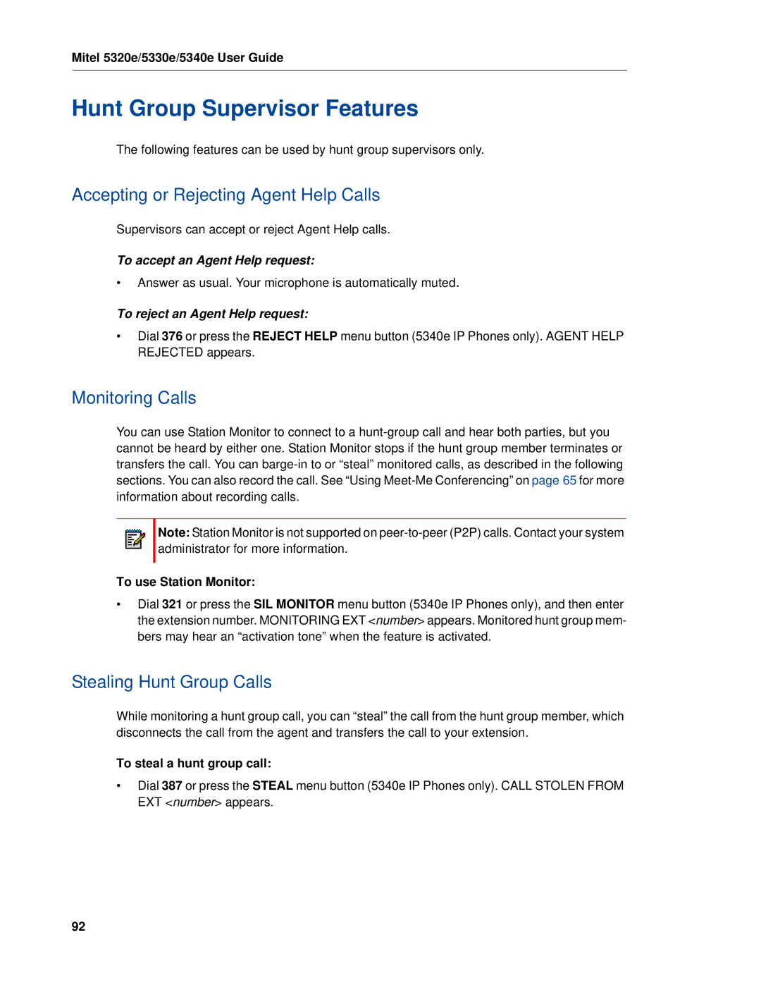 Mitel 5320e manual Hunt Group Supervisor Features, Accepting or Rejecting Agent Help Calls, Monitoring Calls 