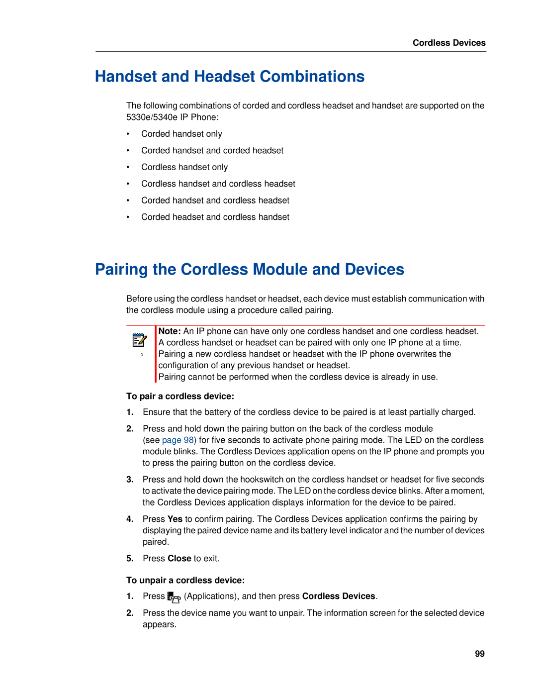 Mitel 5320e manual Handset and Headset Combinations, Pairing the Cordless Module and Devices, To pair a cordless device 