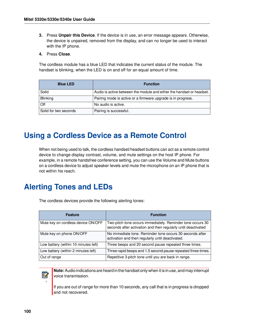 Mitel 5320e manual Using a Cordless Device as a Remote Control, Alerting Tones and LEDs, 100, Blue LED Function 