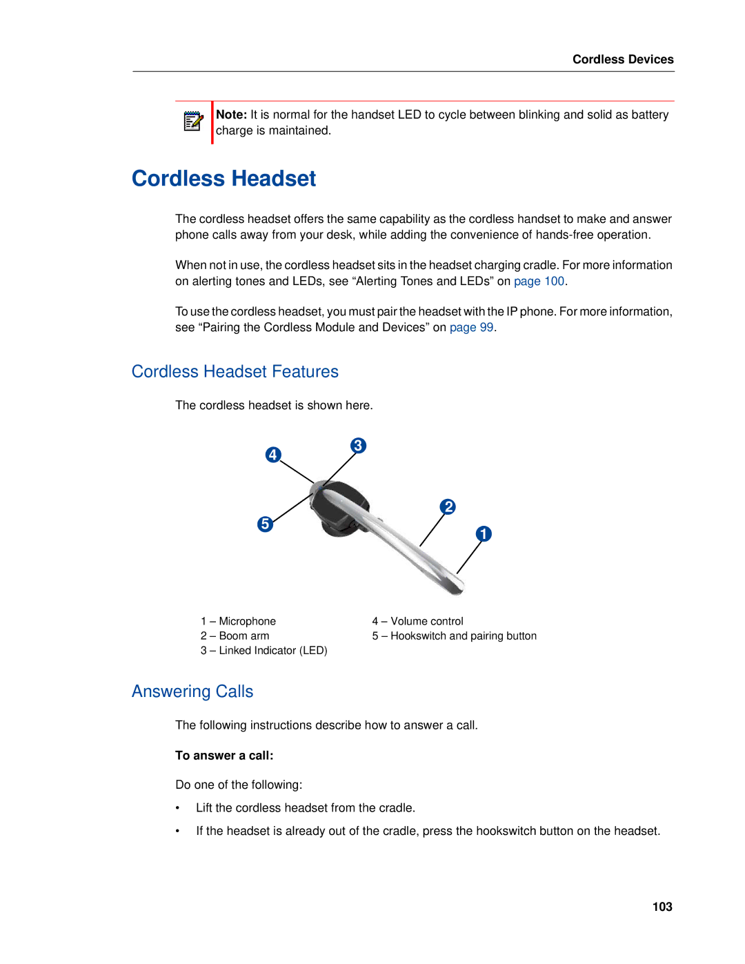 Mitel 5320e manual Cordless Headset Features, 103 