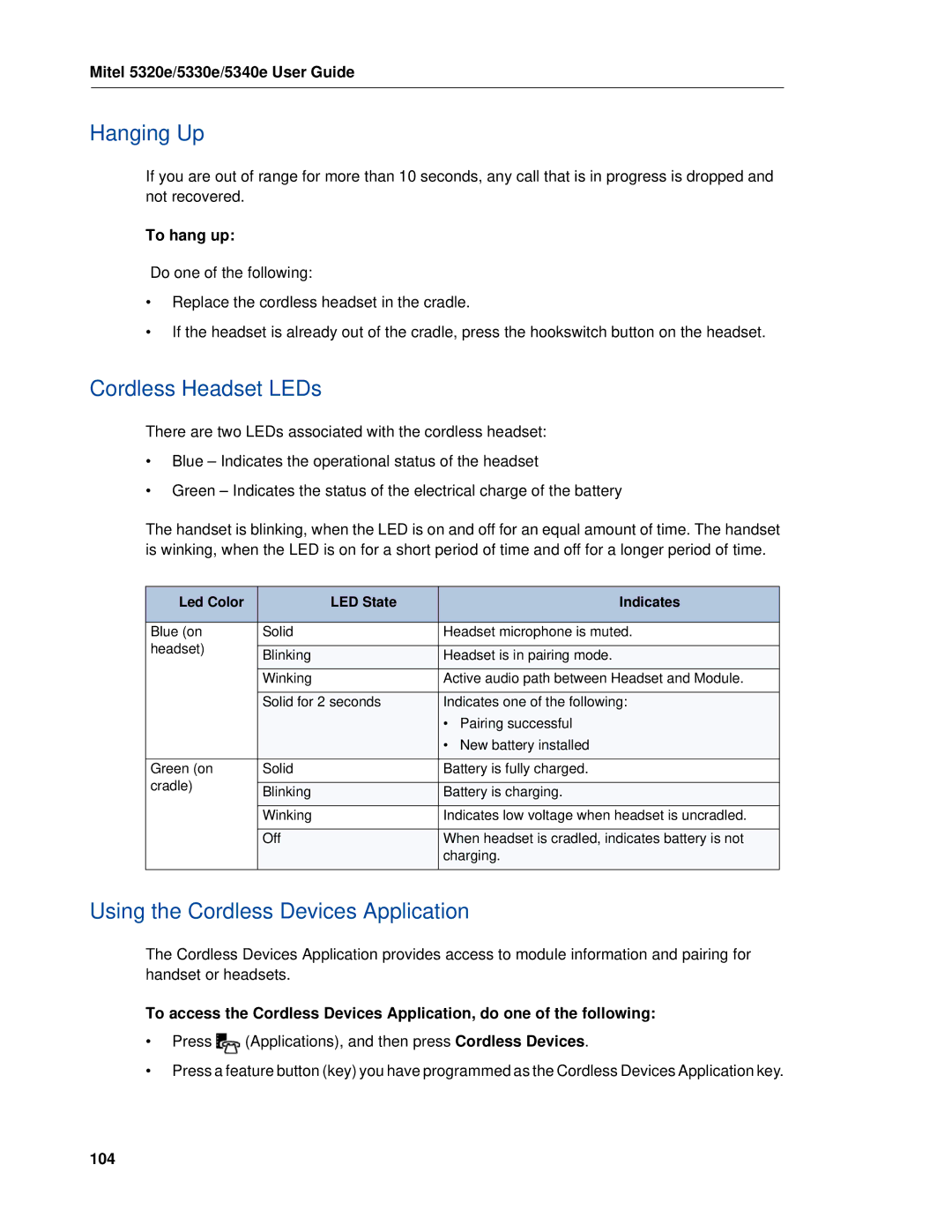 Mitel 5320e manual Cordless Headset LEDs, Using the Cordless Devices Application, 104 