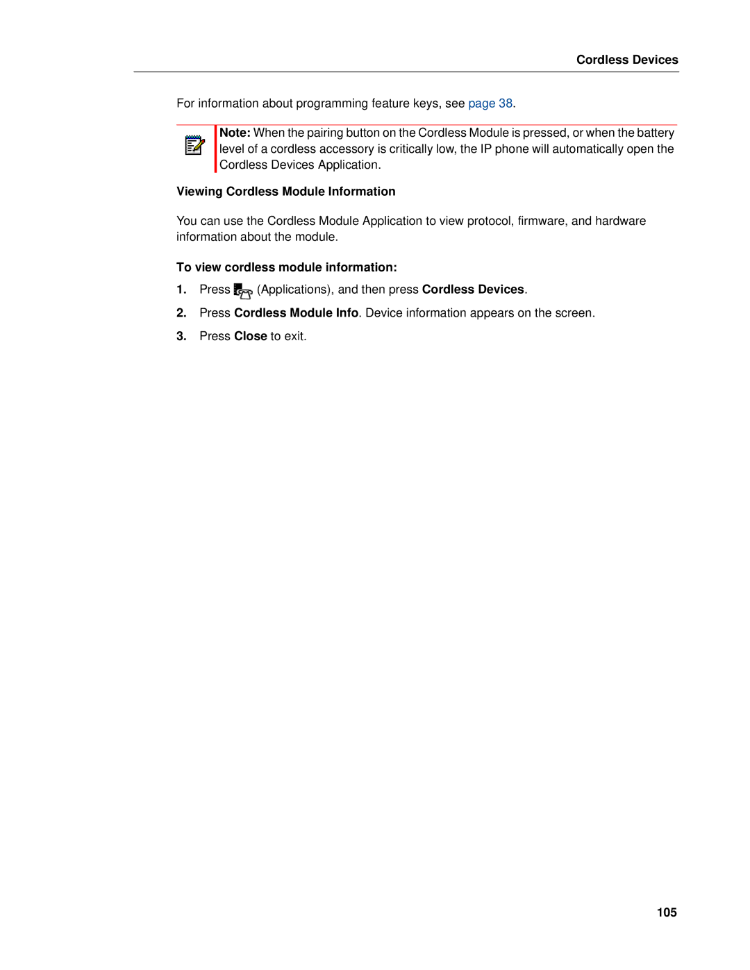 Mitel 5320e manual Viewing Cordless Module Information, To view cordless module information, 105 