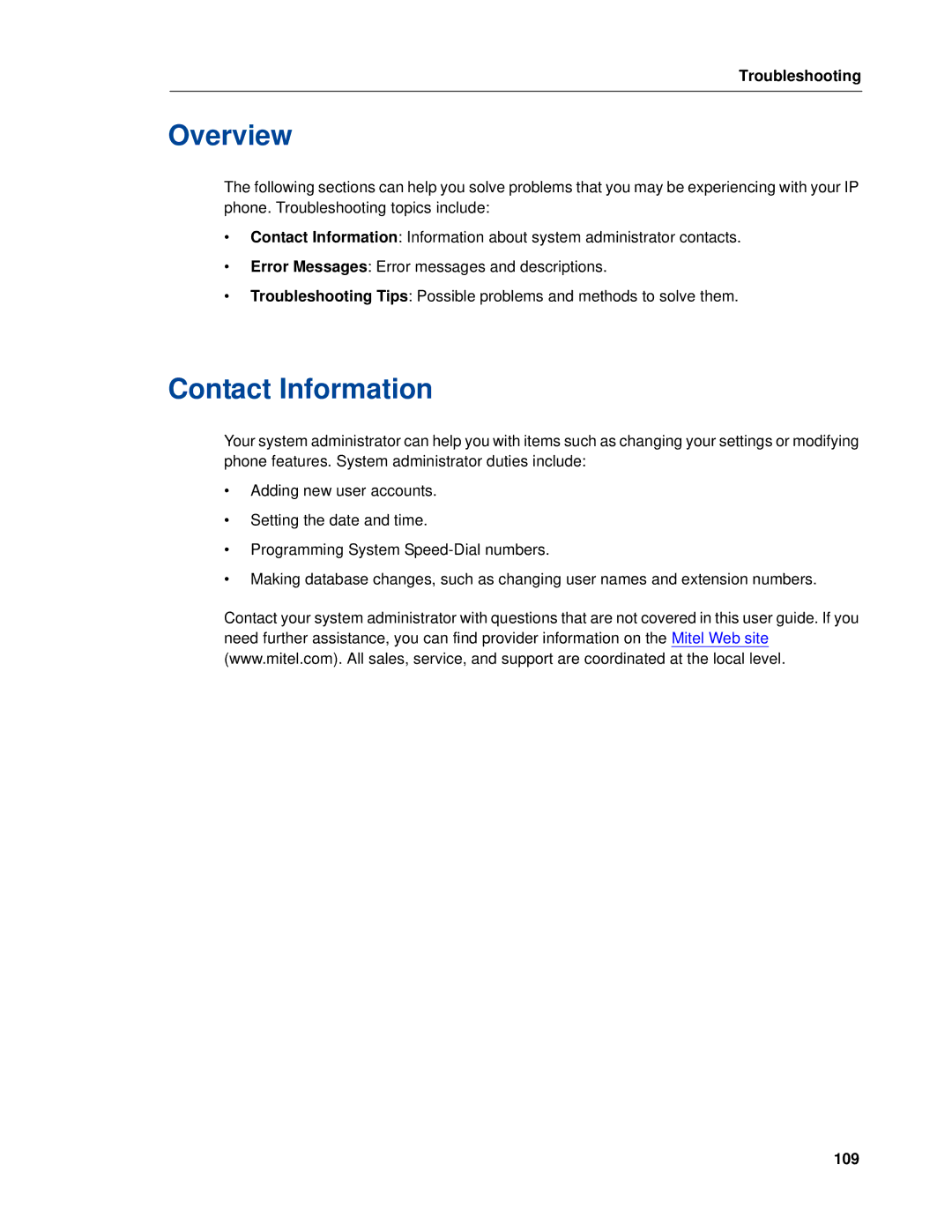 Mitel 5320e manual Contact Information, Troubleshooting, 109 