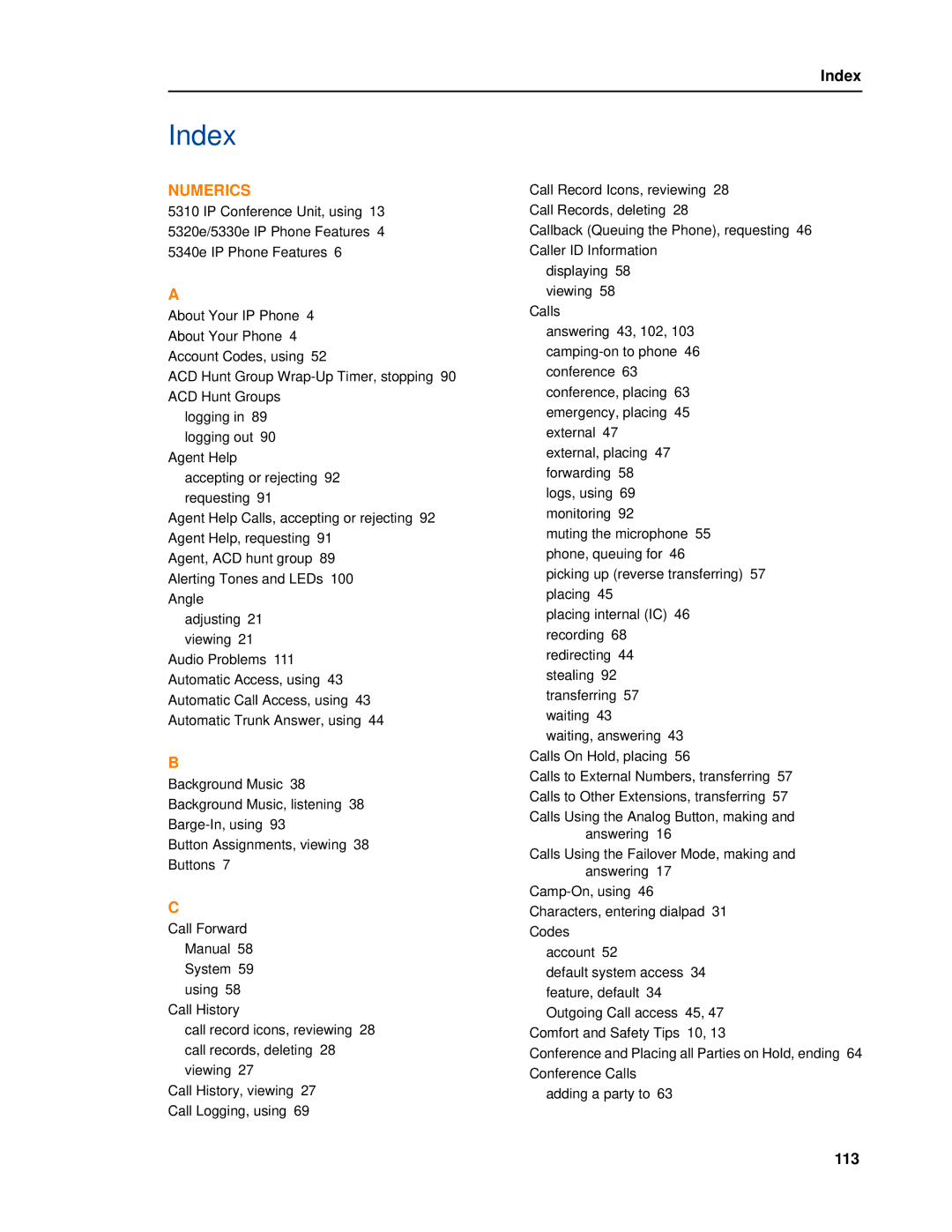 Mitel 5320e manual Index, 113 