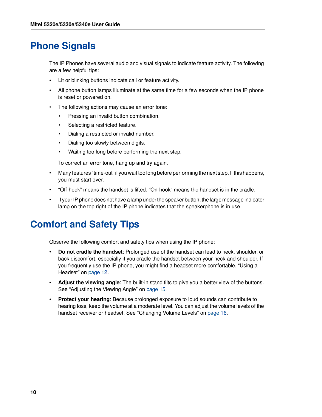 Mitel 5320e manual Phone Signals, Comfort and Safety Tips 