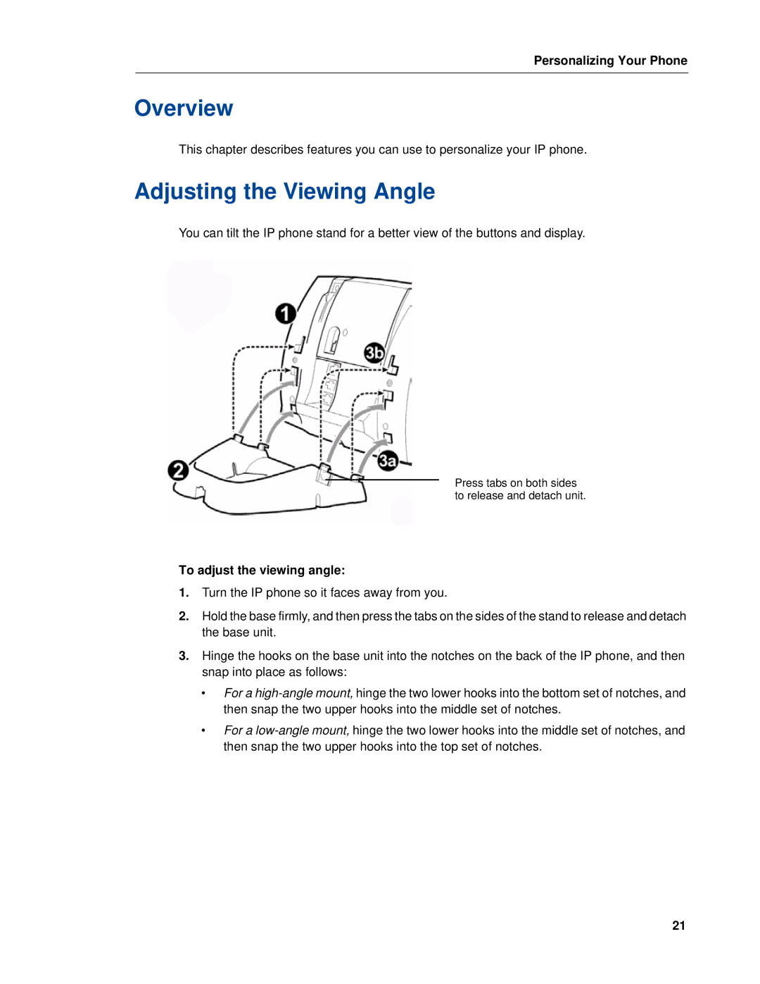 Mitel 5320e manual Overview, Adjusting the Viewing Angle, Personalizing Your Phone, To adjust the viewing angle 