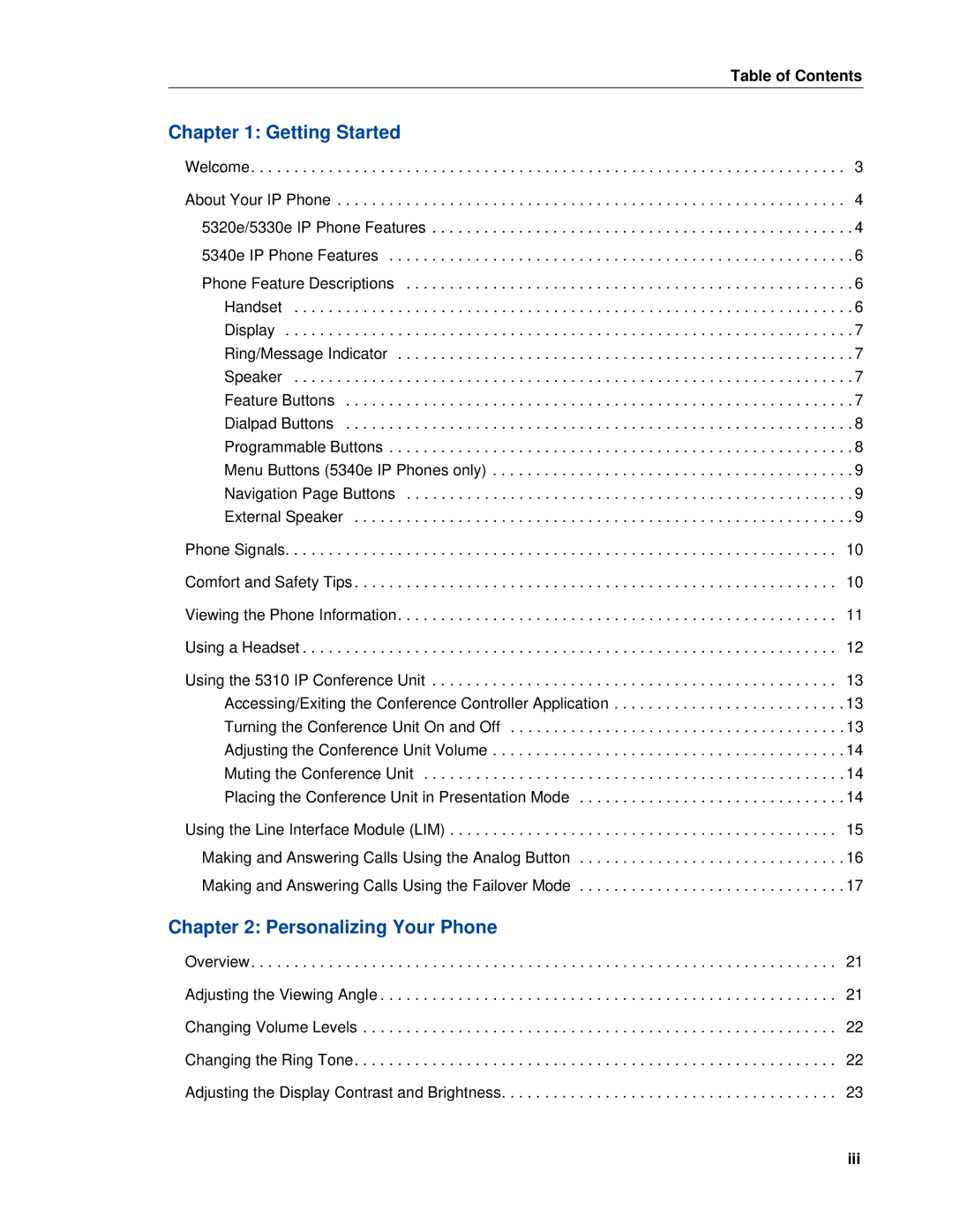 Mitel 5320e manual Table of Contents, Iii 