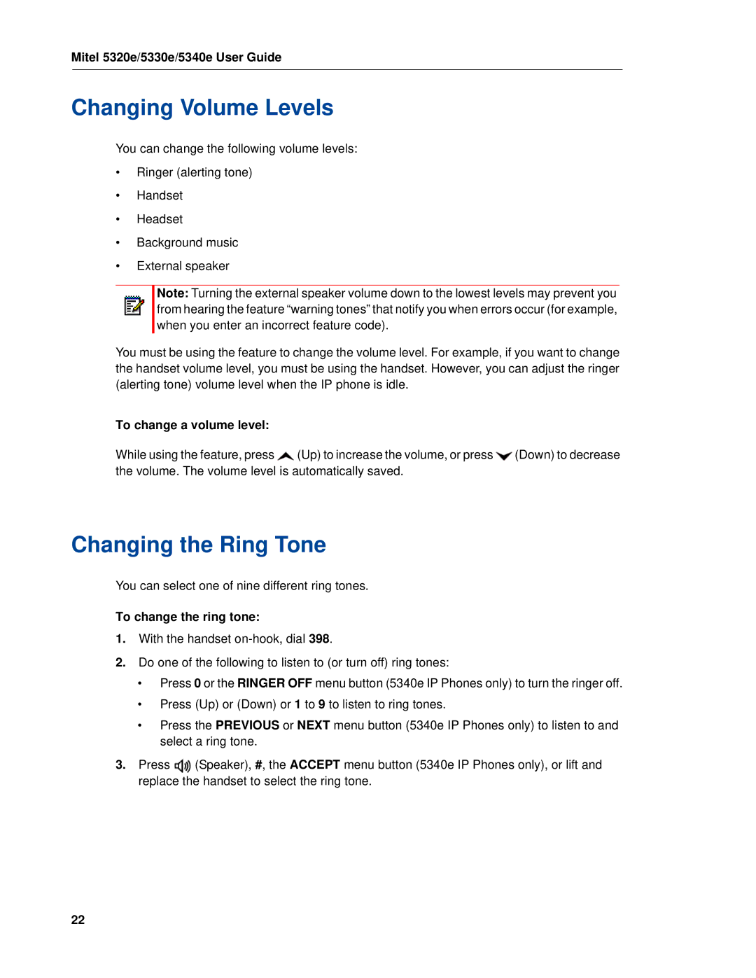 Mitel 5320e manual Changing Volume Levels, Changing the Ring Tone, To change a volume level, To change the ring tone 