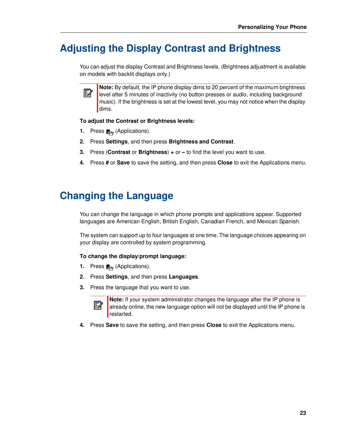 Mitel 5320e Adjusting the Display Contrast and Brightness, Changing the Language, To change the display/prompt language 