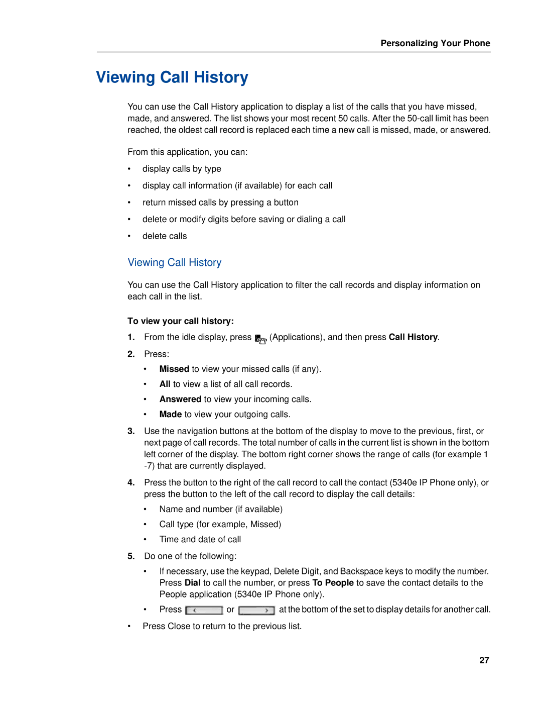 Mitel 5320e manual Viewing Call History, To view your call history 