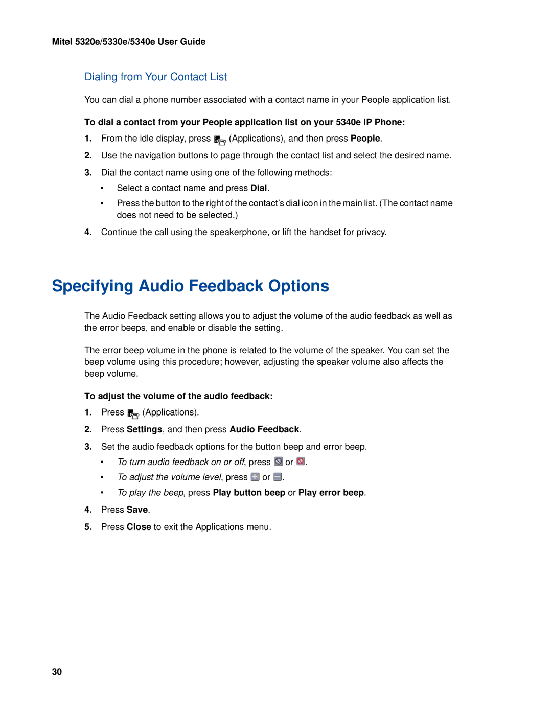 Mitel 5320e Specifying Audio Feedback Options, Dialing from Your Contact List, To adjust the volume of the audio feedback 