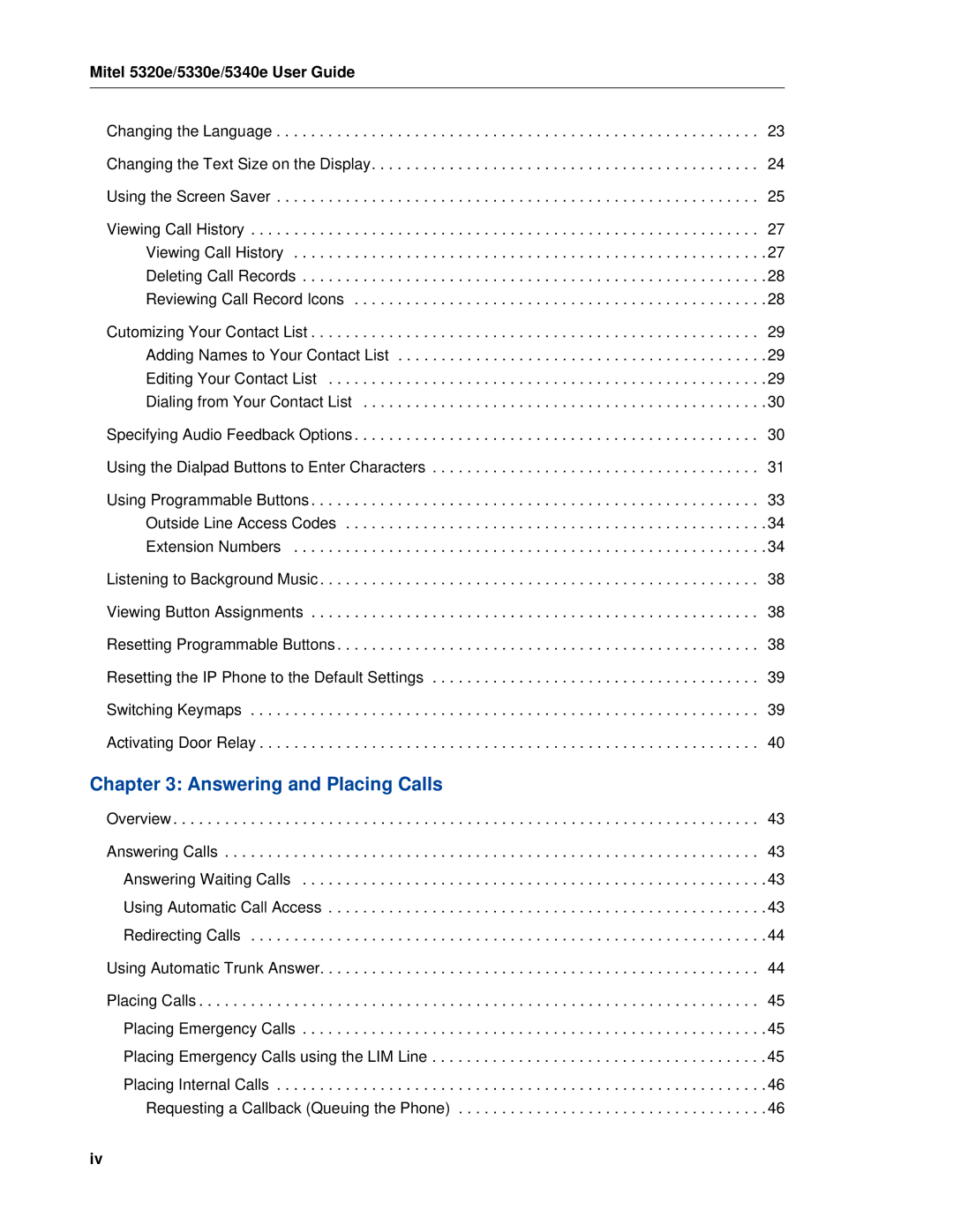 Mitel manual Answering and Placing Calls, Mitel 5320e/5330e/5340e User Guide 