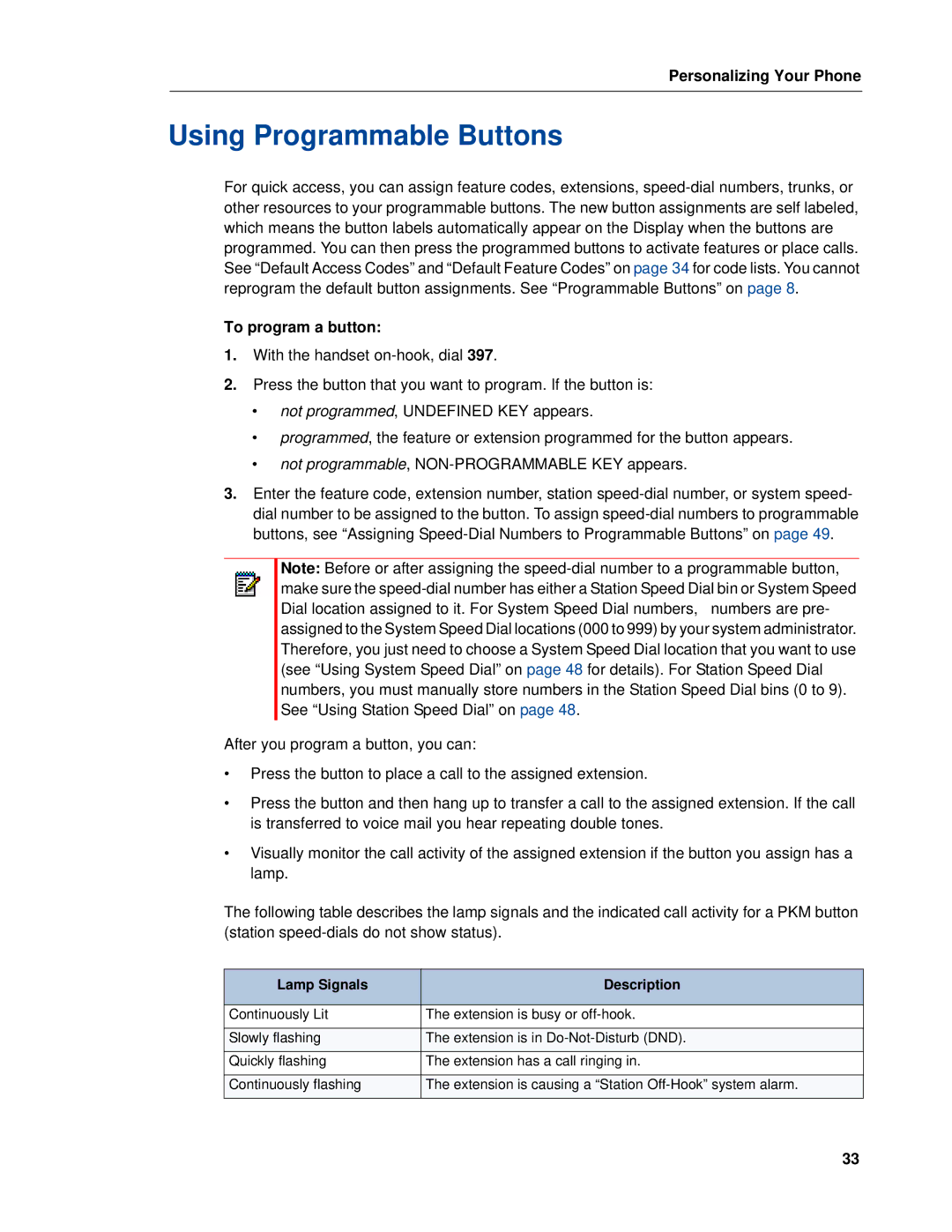 Mitel 5320e manual Using Programmable Buttons, To program a button, Lamp Signals Description 