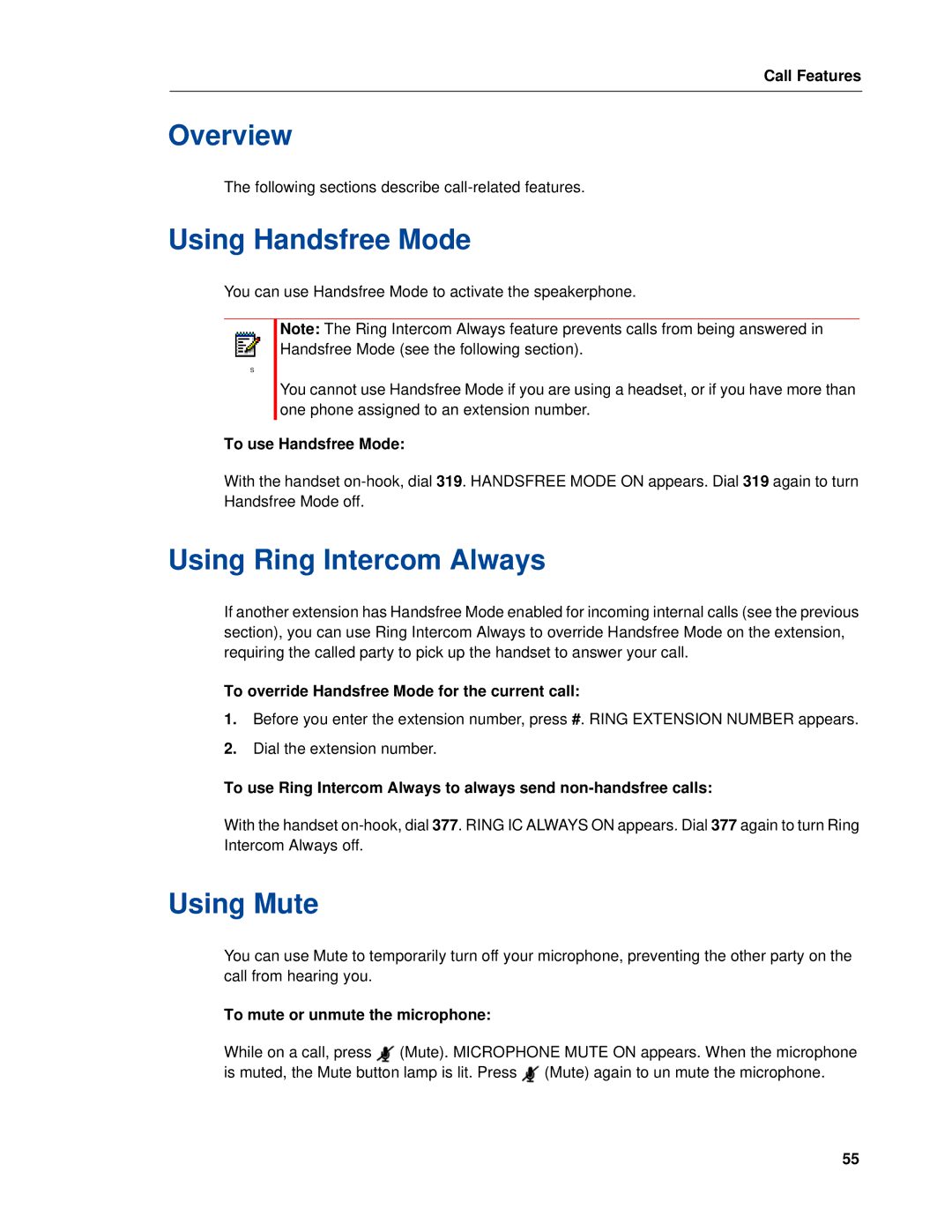 Mitel 5320e manual Using Handsfree Mode, Using Ring Intercom Always, Using Mute 