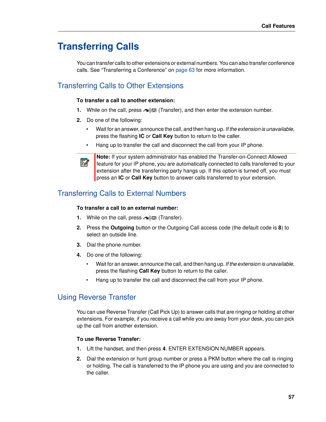 Mitel 5320e Transferring Calls to Other Extensions, Transferring Calls to External Numbers, Using Reverse Transfer 