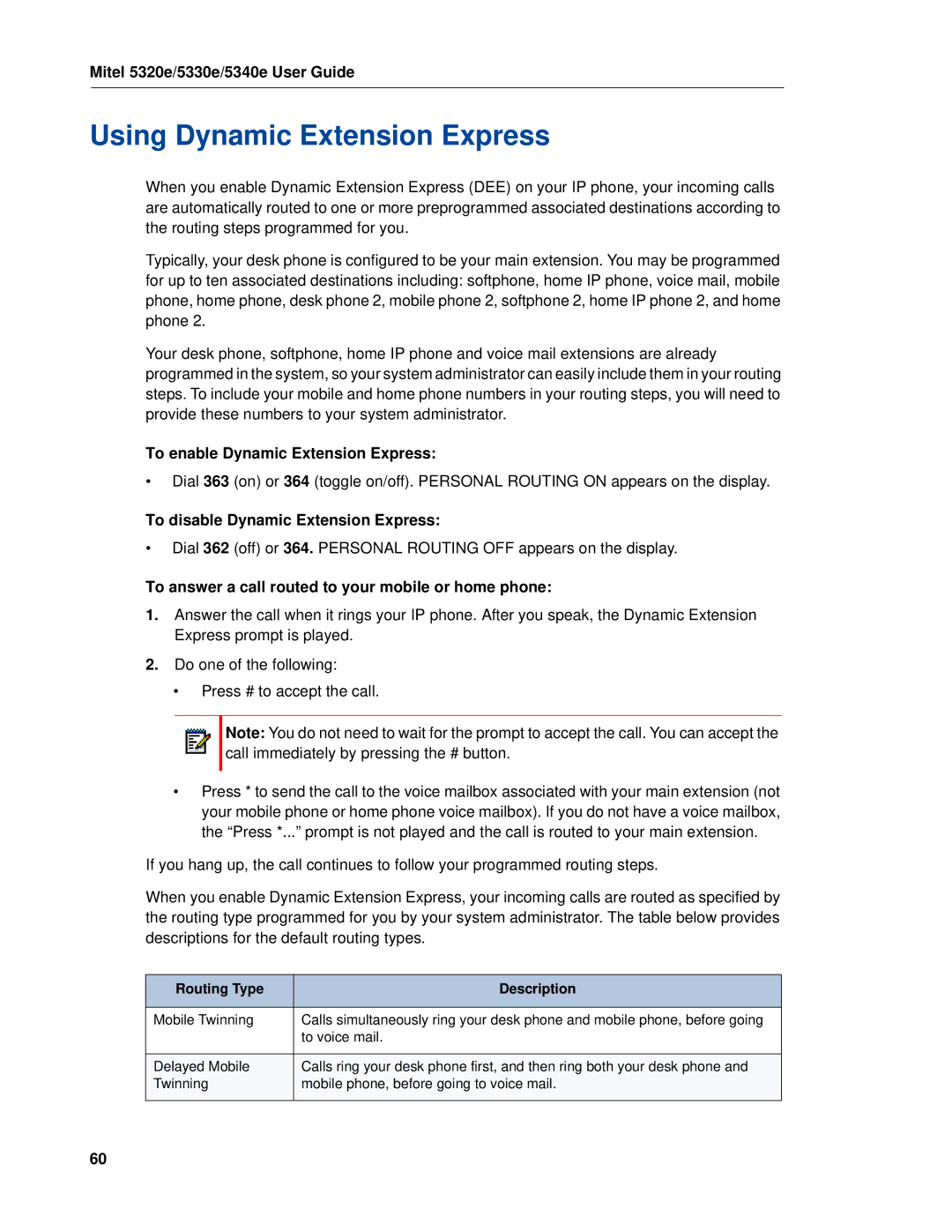 Mitel 5320e Using Dynamic Extension Express, To enable Dynamic Extension Express, To disable Dynamic Extension Express 