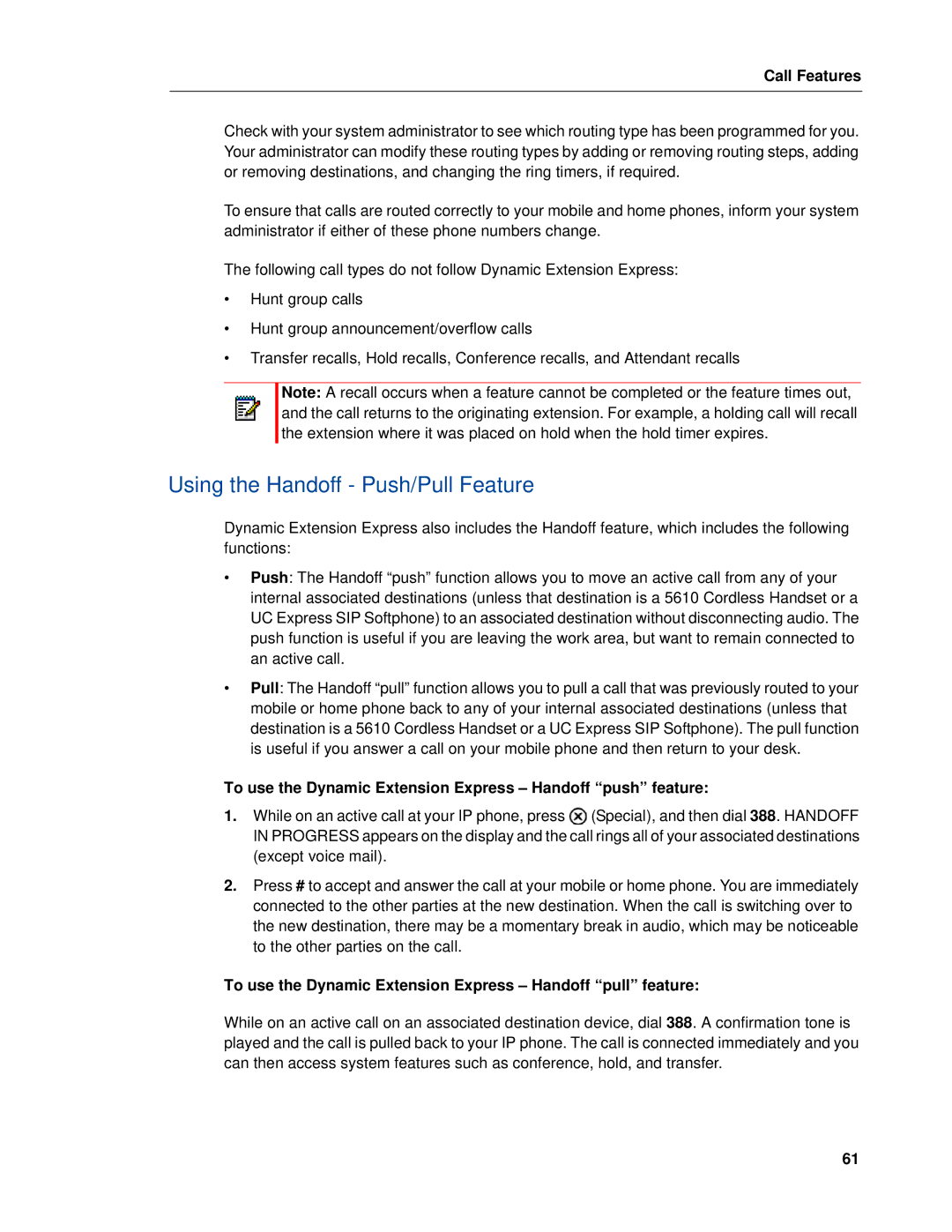 Mitel 5320e manual Using the Handoff Push/Pull Feature, To use the Dynamic Extension Express Handoff push feature 