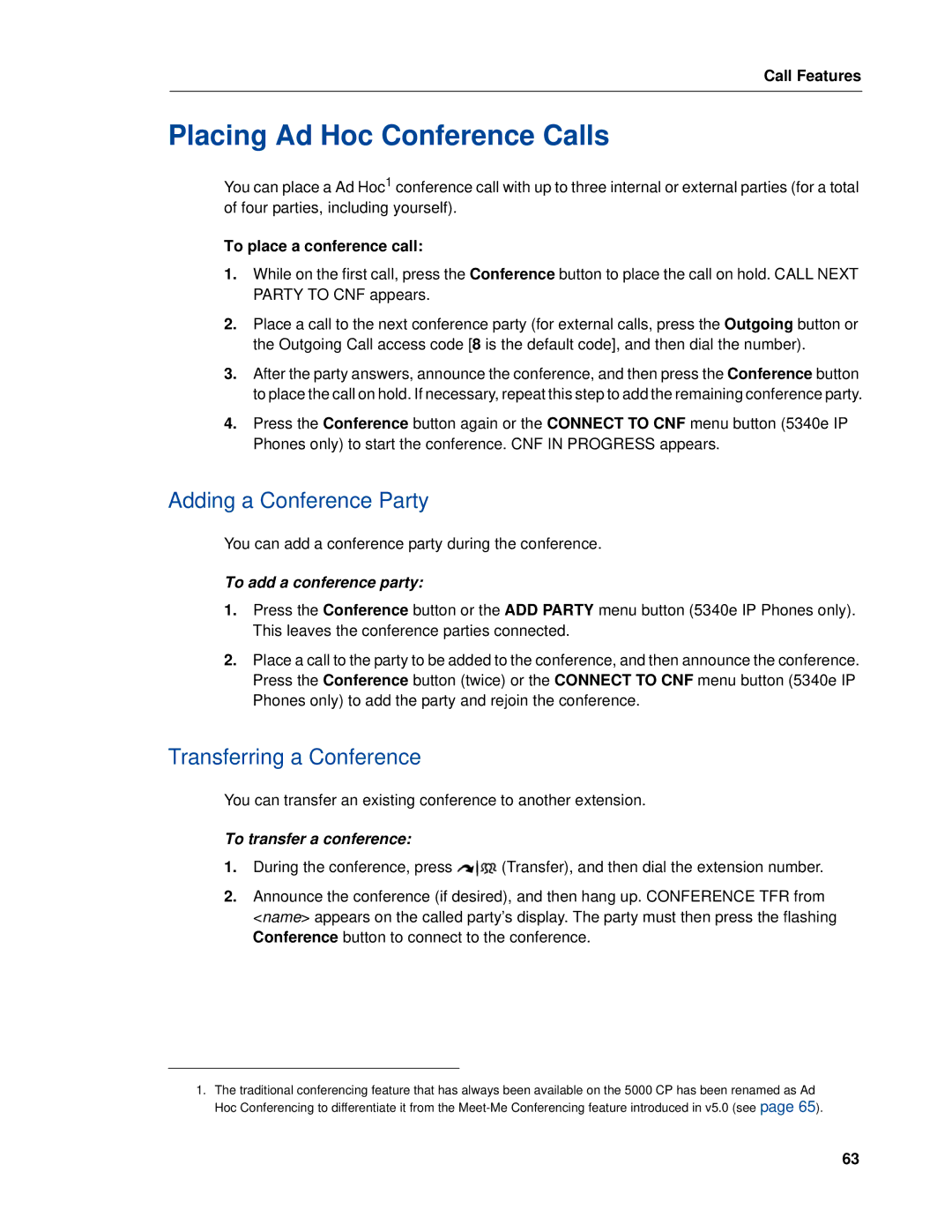 Mitel 5320e manual Placing Ad Hoc Conference Calls, Adding a Conference Party, Transferring a Conference 