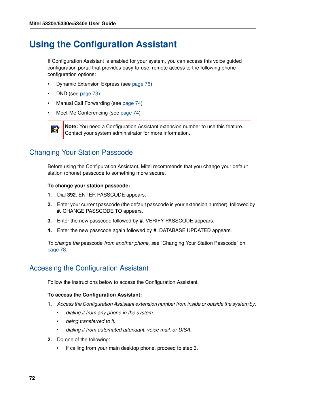 Mitel 5320e manual Using the Configuration Assistant, Changing Your Station Passcode, Accessing the Configuration Assistant 