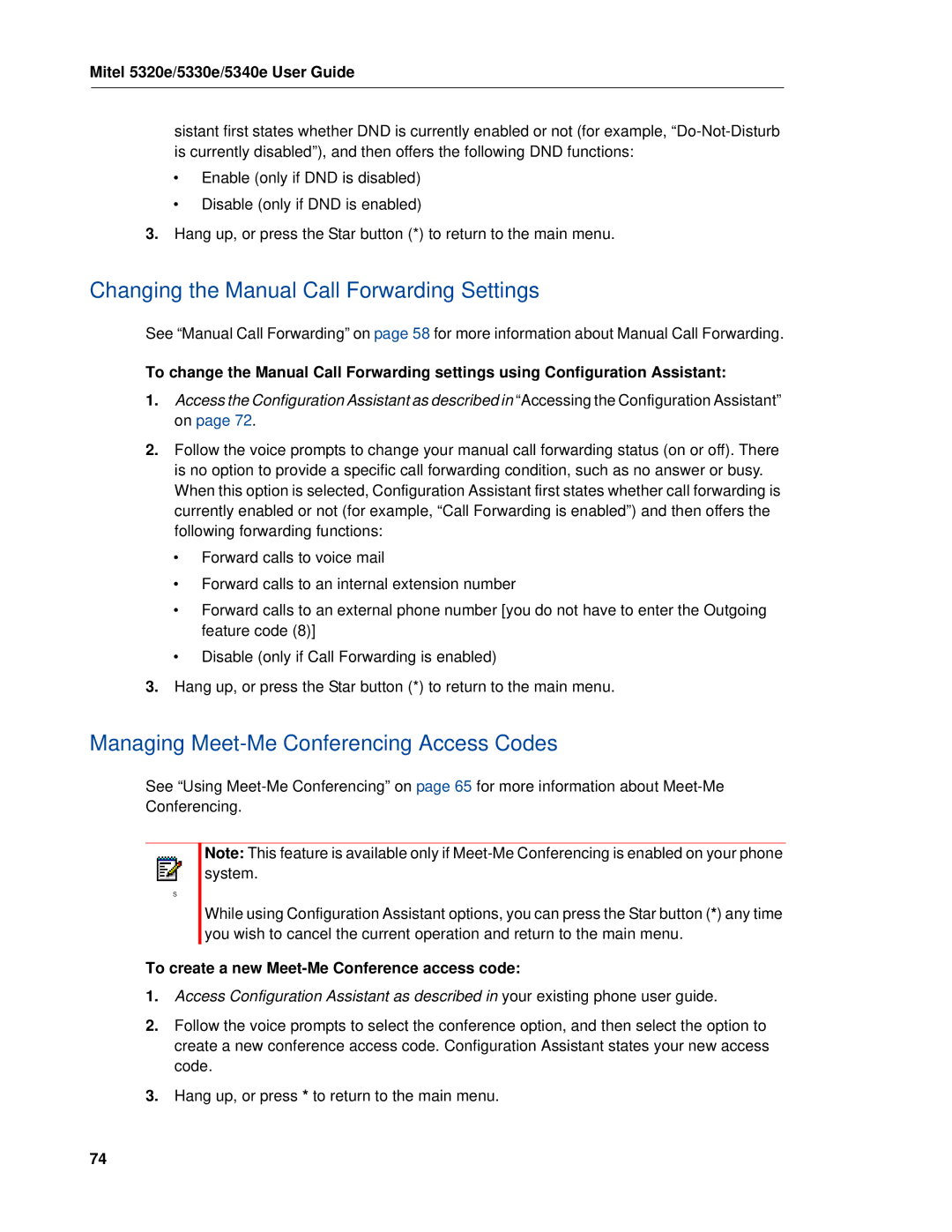 Mitel 5320e manual Changing the Manual Call Forwarding Settings, Managing Meet-Me Conferencing Access Codes 