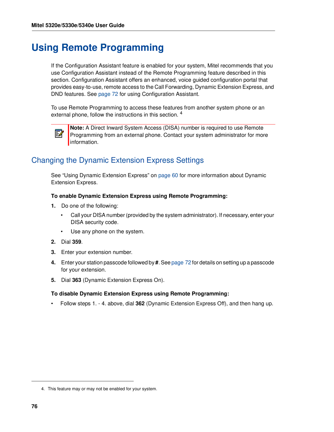 Mitel 5320e manual Using Remote Programming, To enable Dynamic Extension Express using Remote Programming 