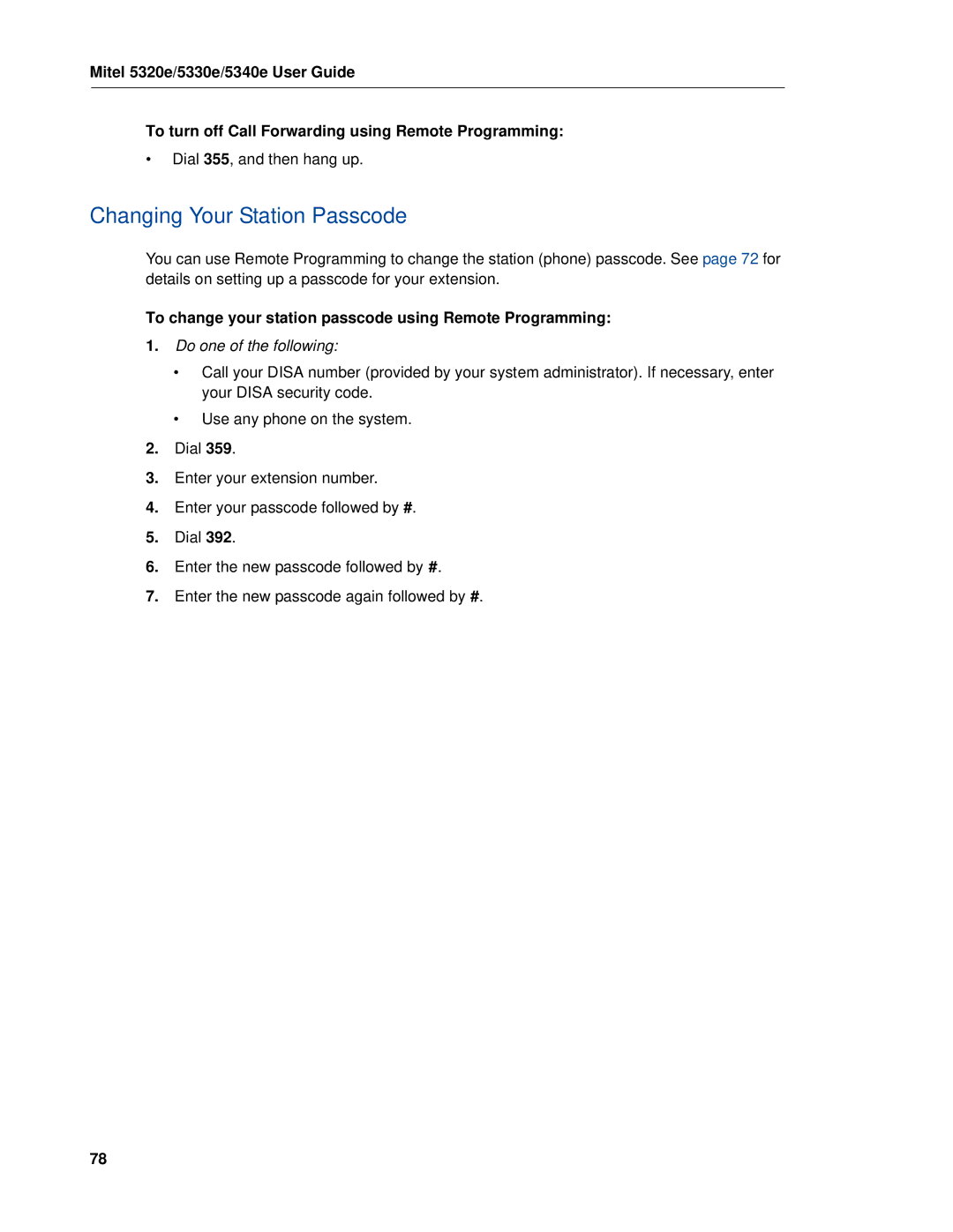 Mitel 5320e manual Changing Your Station Passcode, To change your station passcode using Remote Programming 