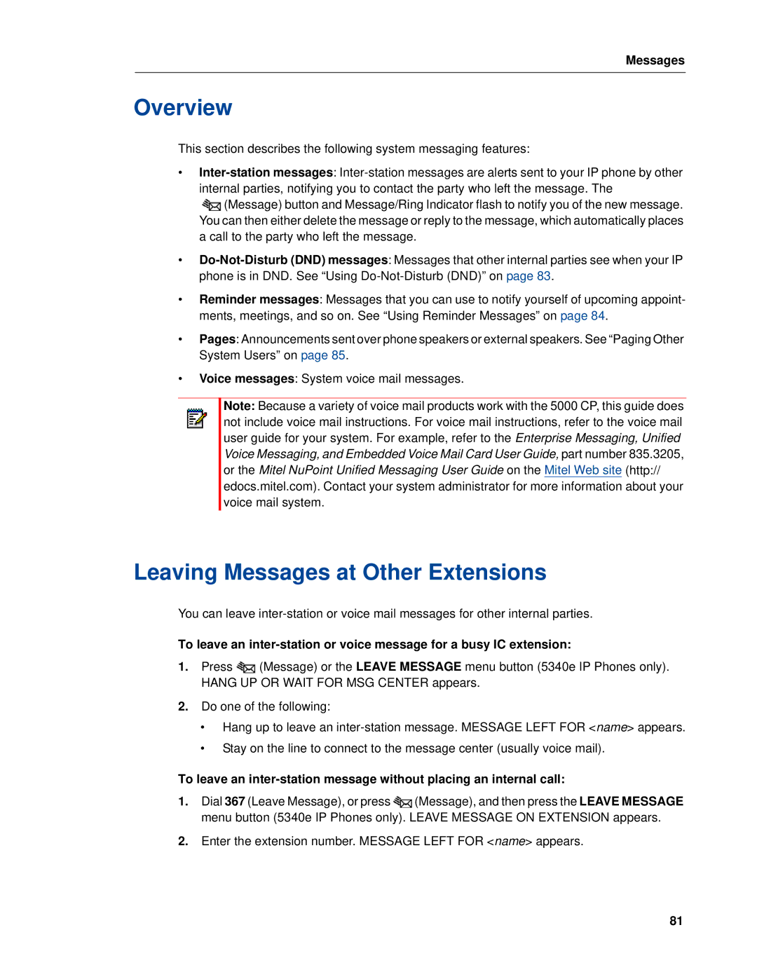 Mitel 5320e manual Leaving Messages at Other Extensions 